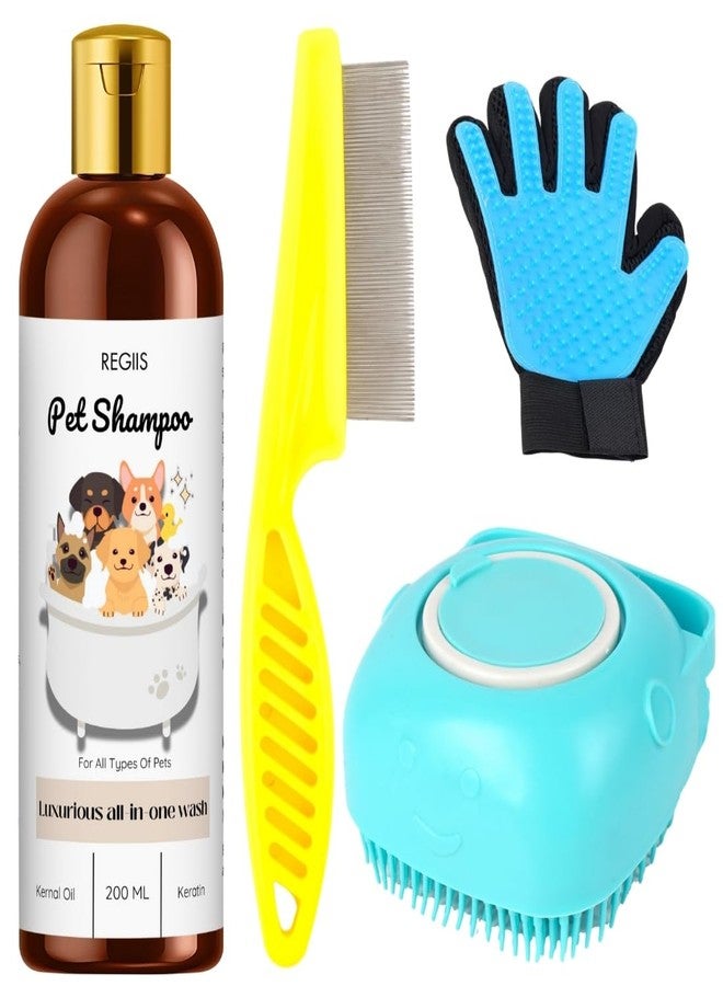 مجموعة ريجيس للعناية بالحيوانات الأليفة، مجموعة من 4 قطع مع شامبو، وقفاز لإزالة الشعر الزائد، ومشط للبراغيث، وفرشاة استحمام سيليكون للكلاب والقطط، 200 مل (عبوة من 4 قطع) - Image 1